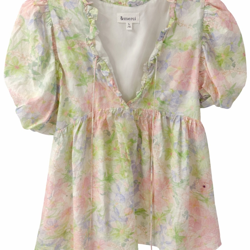 &merci Pastel Floral Ruffle V-Neck Blouse - Pink & Green